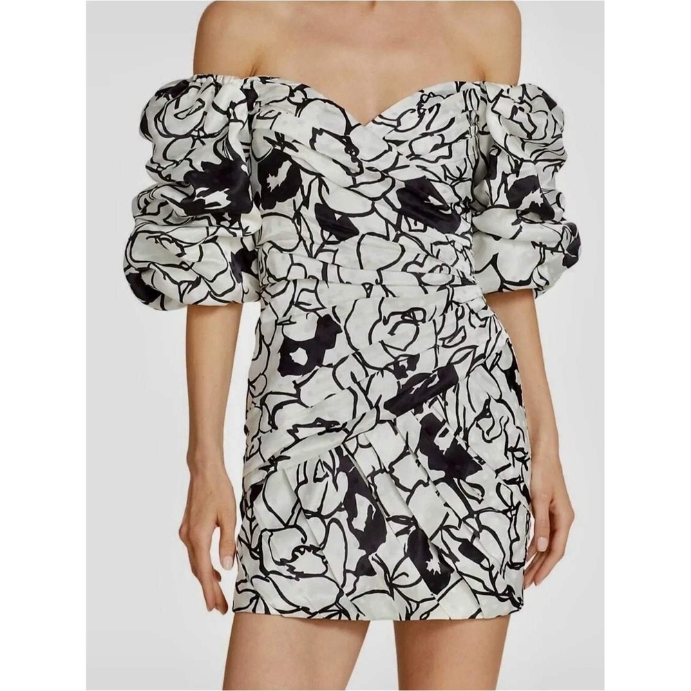 Ronny Kobo White Black Floral Off the Shoulder Ruched Mini Dress Puff Sleeve 14